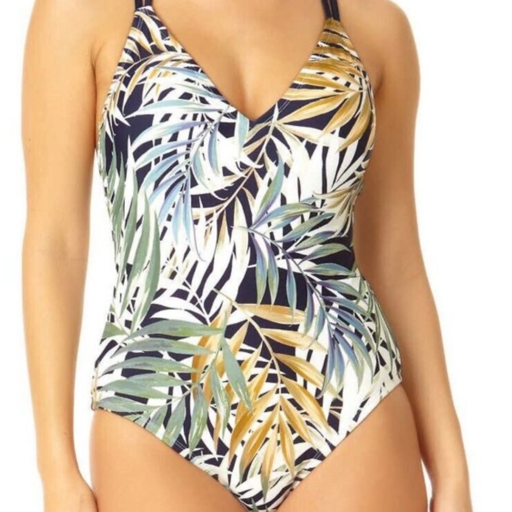 GREEN BLUE PALM LEAF ONE PEICE SWIM SUIT